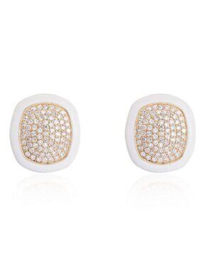 White Enamel 14K (or 18k upon request) Yellow Gold Diamond Pave Stud Earrings